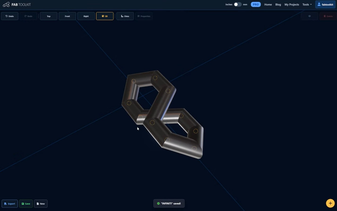 The infinity sculpture design laid out in FitUp Assembly Builder's 3D view, showing the tube runs and compound miter joints.