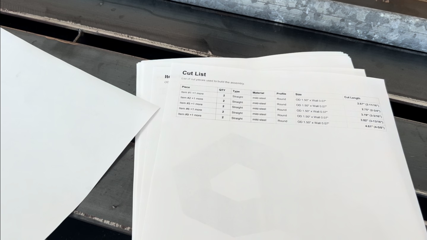 The FitUp build packet showing the cut list with lengths, quantities, and material specs for each piece of the infinity sculpture.