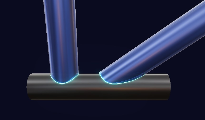3D render showing a 90-degree and an angled pipe cope on the same run pipe.