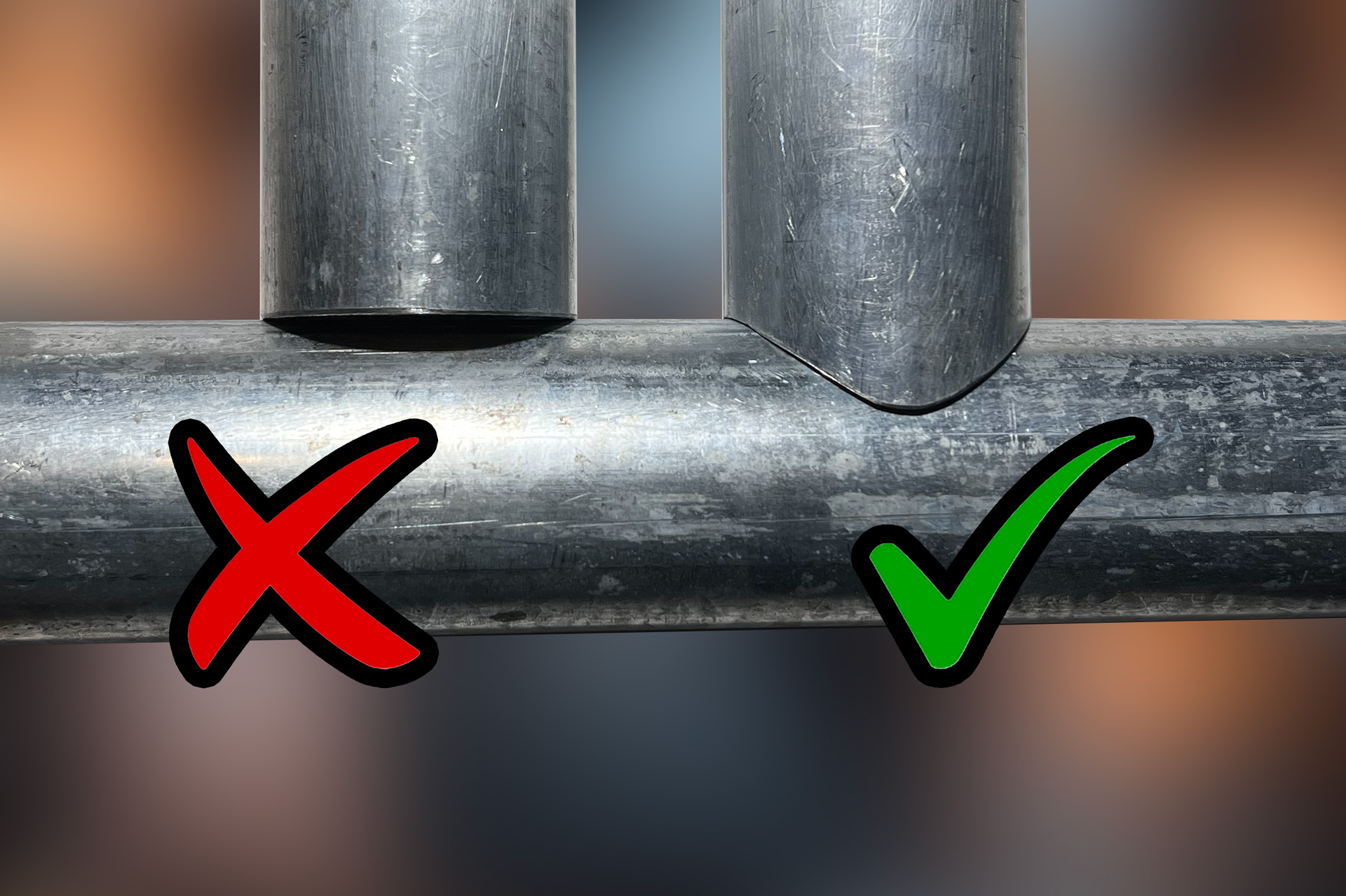  A poorly fit tube notch with large gaps and uneven edges.