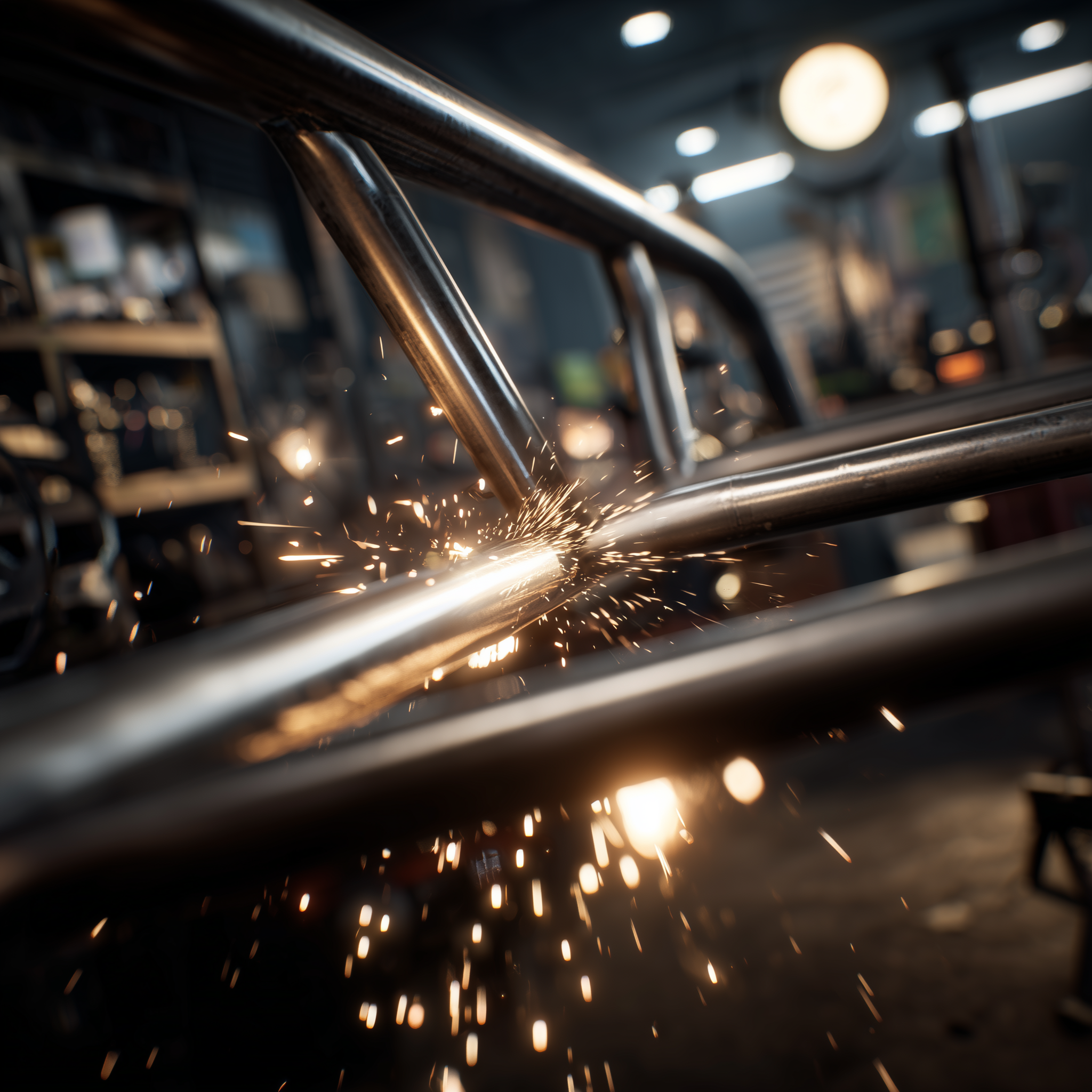 Two steel tubes being coped and fitted together in a workshop