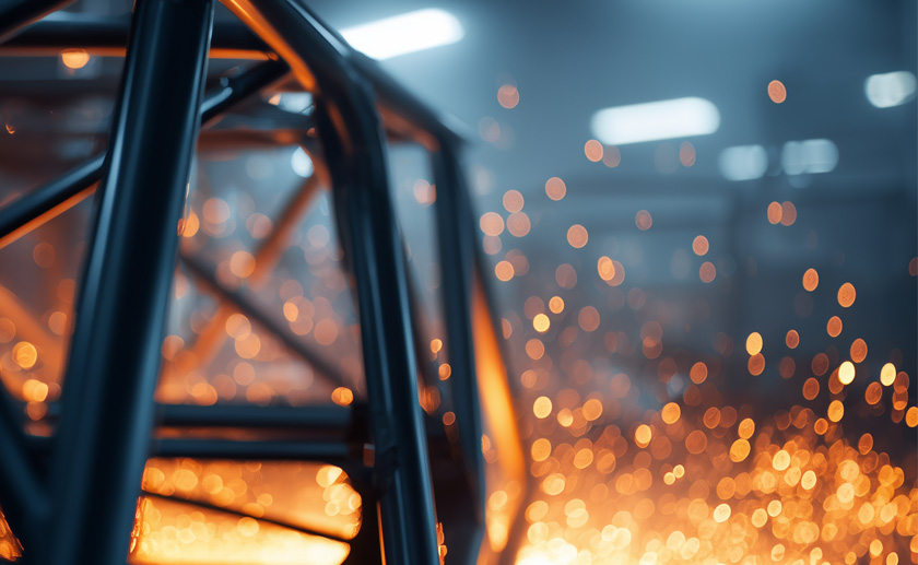 Roll cage interior showing tubes, joints, and triangulation